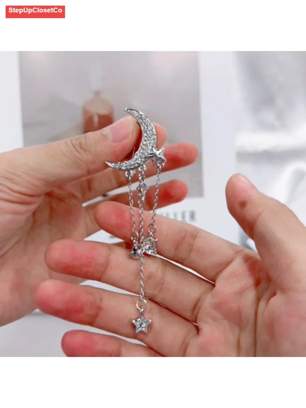 Moon Star Tassel Chain Brooch with Cubic Zirconia Rhinestones | Wedding